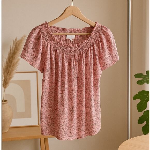 The Nines By Hatch Floral Smocked Off Shoulder Maternity Top Pink Womens Small - Picture 1 of 7